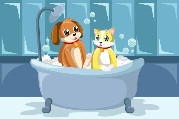 Mascotas lavándose en la bañera — Vector de stock