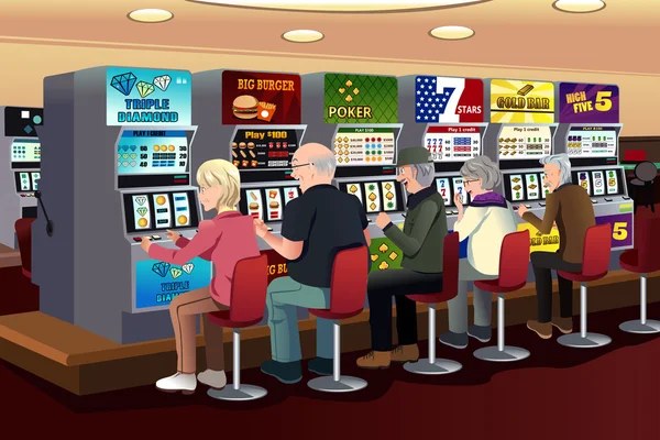 Personas mayores jugando máquinas tragamonedas en el casino — Vector de stock