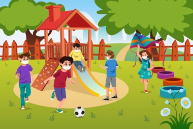 A vector illustration of Kids Playing in the Playground Wearing Masks 