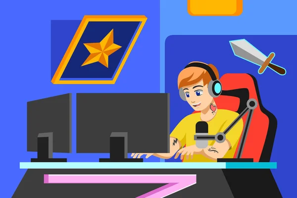 Vector Illustration Young Gamer Playing Game — Stockový vektor