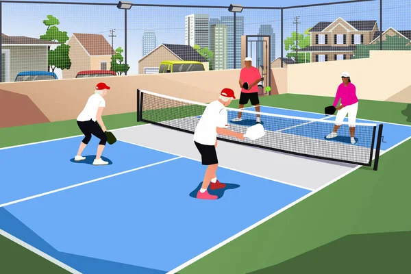 Vector Illustration Elderly People Playing Pickleball Outdoor — Image vectorielle