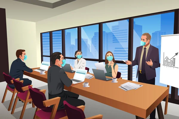 Vector Illustration Business People Meeting Office Wearing Mask — Stock vektor