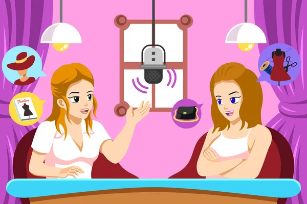 Vector Illustration Young Female Podcasters Studio — 图库矢量图片