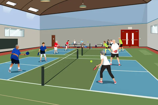 Vector Illustration Elderly People Playing Pickleball Indoor Jogdíjmentes Stock Vektorok