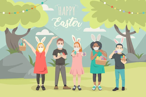 Illustrazione Vettoriale Dei Bambini Che Festeggiano Pasqua — Vettoriale Stock