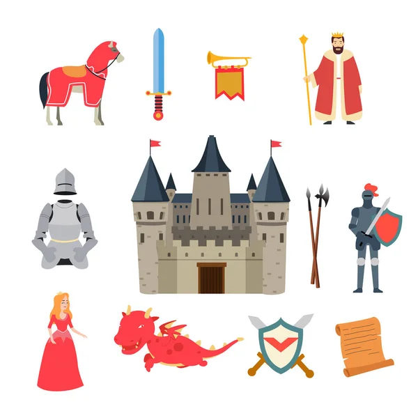 Középkori Fantasy Knight Dragon Icons Vektor Illusztrációja — Stock Vector