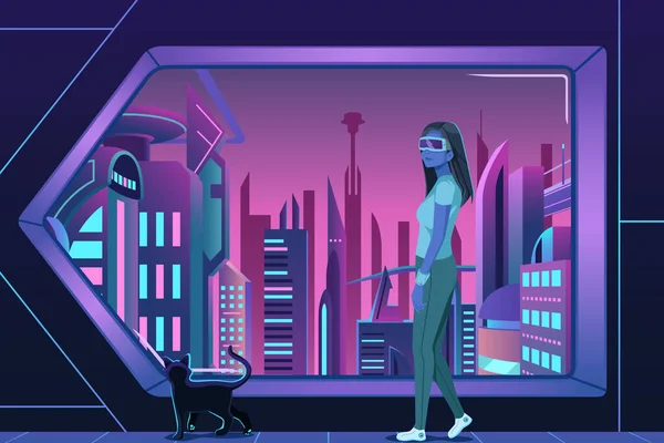 Uma Ilustração Vetorial Cyberpunk Girl Futuristic Cityscape — Vetor de Stock