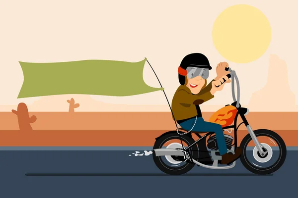 Motorcycle Rider Que Lleva Ilustración Blanco Del Vector Historieta Bandera — Vector de stock