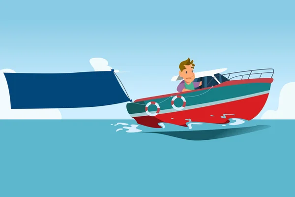 Vektor Illusztrációja Boat Rider Hordozó Üres Banner Rajzfilm — Stock Vector