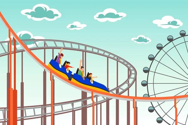 Vector Illustration People Riding Roller Coaster — Stock Vector