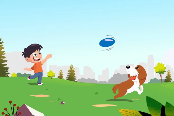 Eine Vektorillustration Des Jungen Der Frisbee Mit Seinem Hund Wirft — Stockvektor