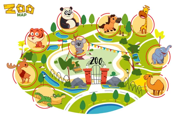 Vector Illustration Zoo Map Cute Cartoon Animals — Stock Vector