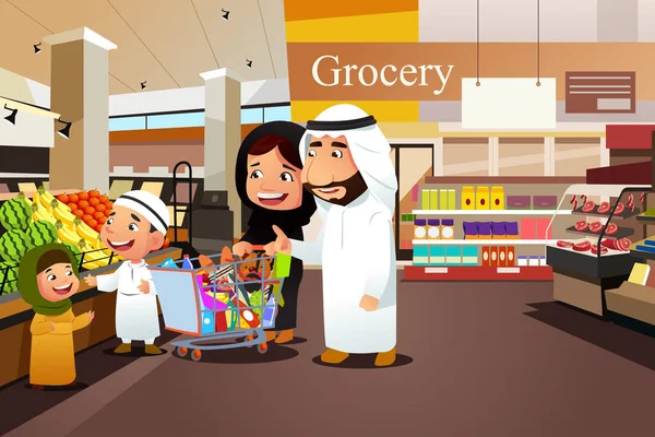 Ein Vektor Veranschaulicht Das Einkaufen Muslimischer Familien Lebensmittelgeschäft — Stockvektor