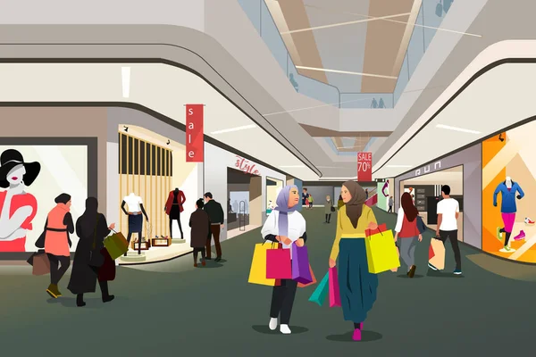 Illustration Vectorielle Des Musulmans Faisant Shopping Dans Centre Commercial — Image vectorielle