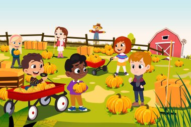 A vector illustration of Multi-ethnic Children Doing Pumpkin Patch 