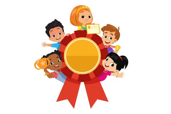 Vector Illustration Multi Ethnic Children Ribbon Awards Trophy Certificate — Vettoriale Stock