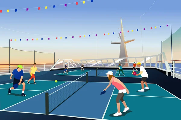 Vector Illustration People Playing Pickleball Cruise Vacation — Stockvector