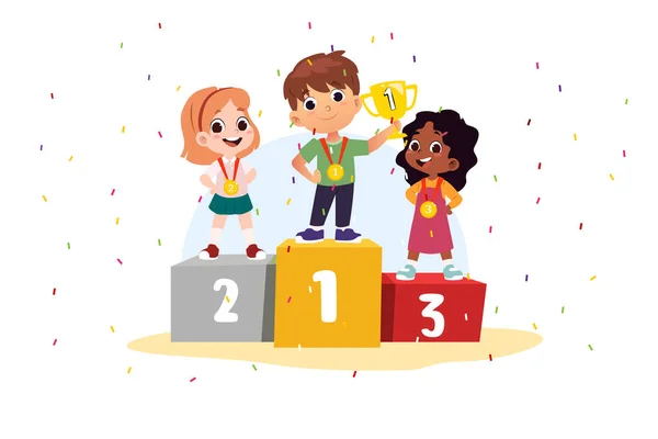 Vector Illustration Children Winning Podium Holding Trophy Medals — Stock Vector