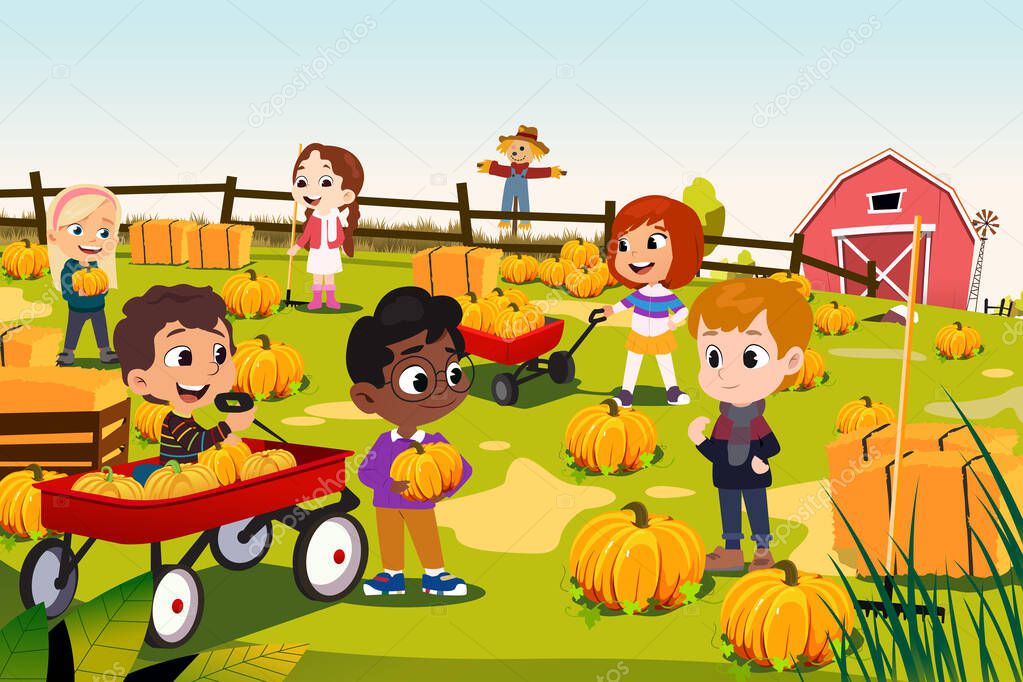 A vector illustration of Multi-ethnic Children Doing Pumpkin Patch 