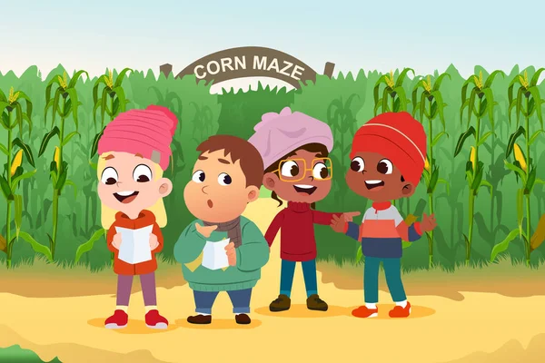 Vector Illustration Children Reading Map Corn Maze Fall Season — ストックベクタ