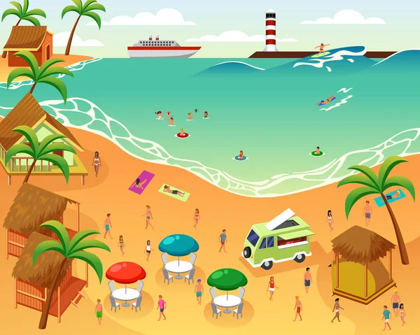 Векторна Ілюстрація Про Людей Які Розважаються Пляжі Протягом Літа Векторна Графіка