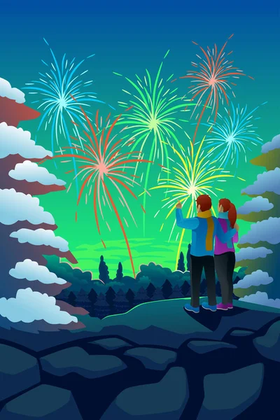 Vektor Illusztrációja Pár Néz Újévi Ünneplés Tűzijáték Vektor Grafikák