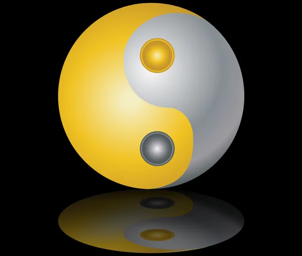 Yin et Yang or et argent sur fond noir avec illustration vectorielle de réflexion — Image vectorielle