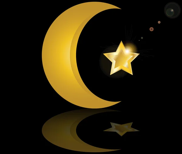 Estrella de oro musulmana y media luna sobre fondo negro con ilustración vectorial de reflexión — Archivo Imágenes Vectoriales