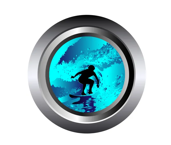 Wave and surfer vector illustration in black button — Stock Vector