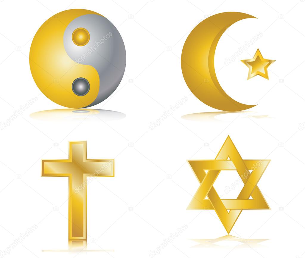 Four gold glossy icons for different religions vector illustration