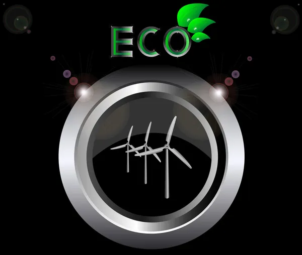Öko Ökologie Logo grün Blatt Windgenerator Turbine Vektor Illustration auf schwarzem Knopf Hintergrund — Stockvektor