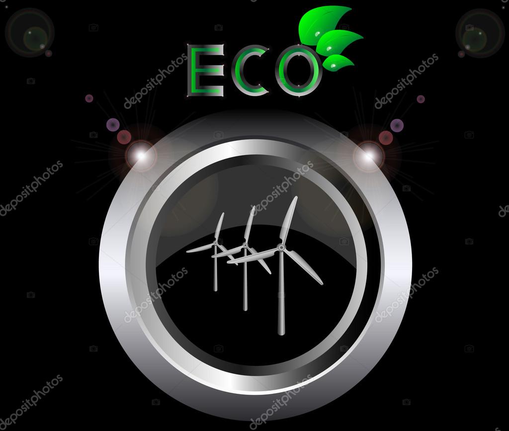 Eco ecology logo green leaf wind generator turbine vector illustration on black button background