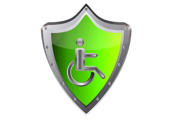 Disabled Stick hombre en silla de ruedas icono vector ilustración en el botón de escudo de metal — Archivo Imágenes Vectoriales