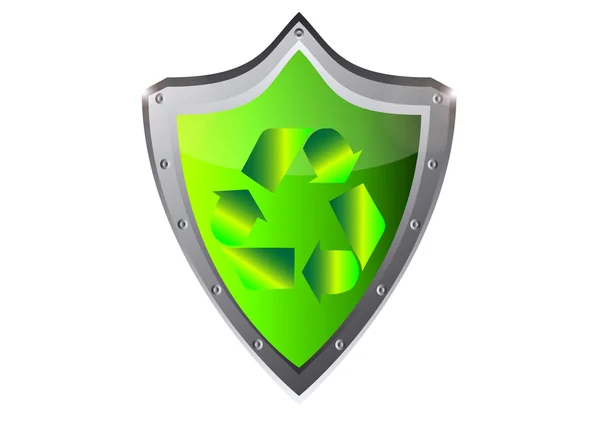 Zelený recykl ekologie znamení na kovový štít tlačítko vektorové ilustrace — Stockový vektor