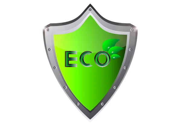 Eco ecologia logotipo verde folha vetor ilustração sobre em escudo de metal —  Vetores de Stock