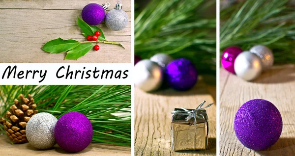 Vánoční jedle s dekorací na dřevěné desce — Stock fotografie