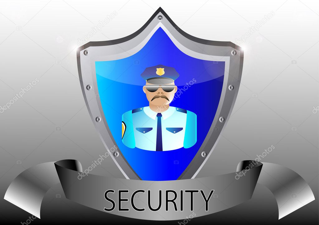 Security policeman in uniform and goggles vector illustration in black button shield