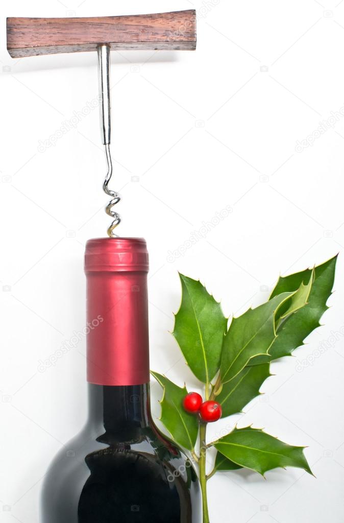 Bottle of red wine with Christmas decorations