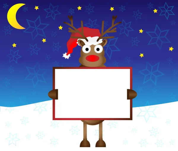 Feliz nariz roja Ciervo de reno sosteniendo papel en blanco para su ilustración vectorial de texto — Vector de stock