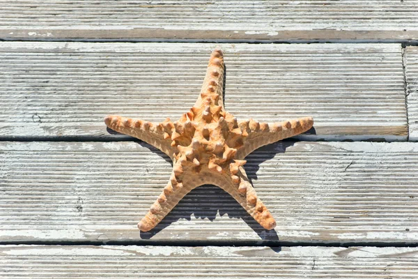 Étoile de mer posée sur un motif d'une table en bois altérée et vintage — Photo