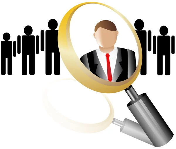Icono del empleado de la búsqueda para la lupa de la agencia de reclutamiento con ilustración del vector del empresario — Vector de stock