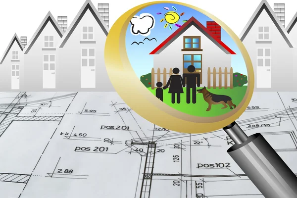 Architectural plan blueprint real estate business concept with magnifying glass lens happy family and dream house — Stock Photo, Image