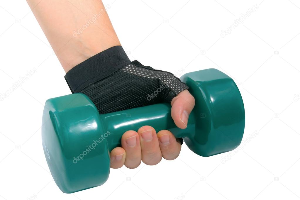 Hand weight dumbbells human hand holding a green dumbbell isolated on