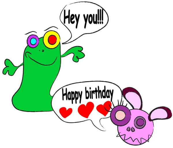 Tarjeta de cumpleaños feliz lindo con divertido monstruo alienígena vector ilustración — Archivo Imágenes Vectoriales