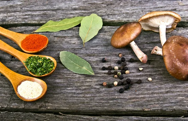 Specerijen voedselbereiding op houten tafel voedingsmiddelen en nieuwe voedselingrediënten — Stockfoto