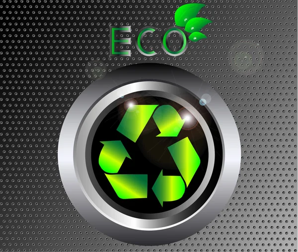 Recycling Ökologie Zeichen auf schwarzem Metall Taste Vektor Illustration mit Öko-Zeichen mit Blättern und Wassertropfen — Stockvektor