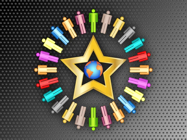 Colorful planet business connection with gold star team work on black metal background vector illustration — Stock Vector