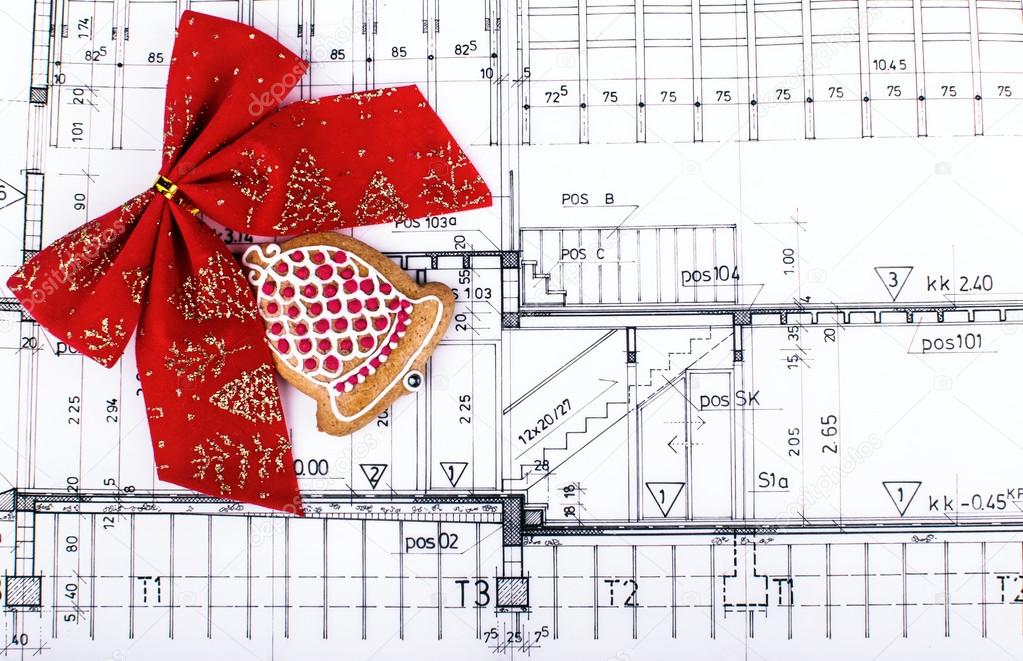 Architect design bluseprints and project drawings on table christmas background