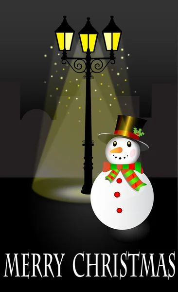 Sněhulák stojí pod pouliční lampa na Štědrý večer vektorové ilustrace — Stockový vektor