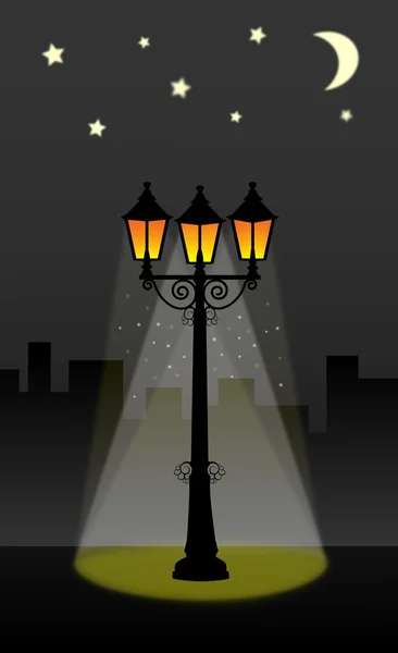 Lanterne lampadaire avec ciel nocturne avec lune et étoiles illustration vectorielle de rue — Image vectorielle